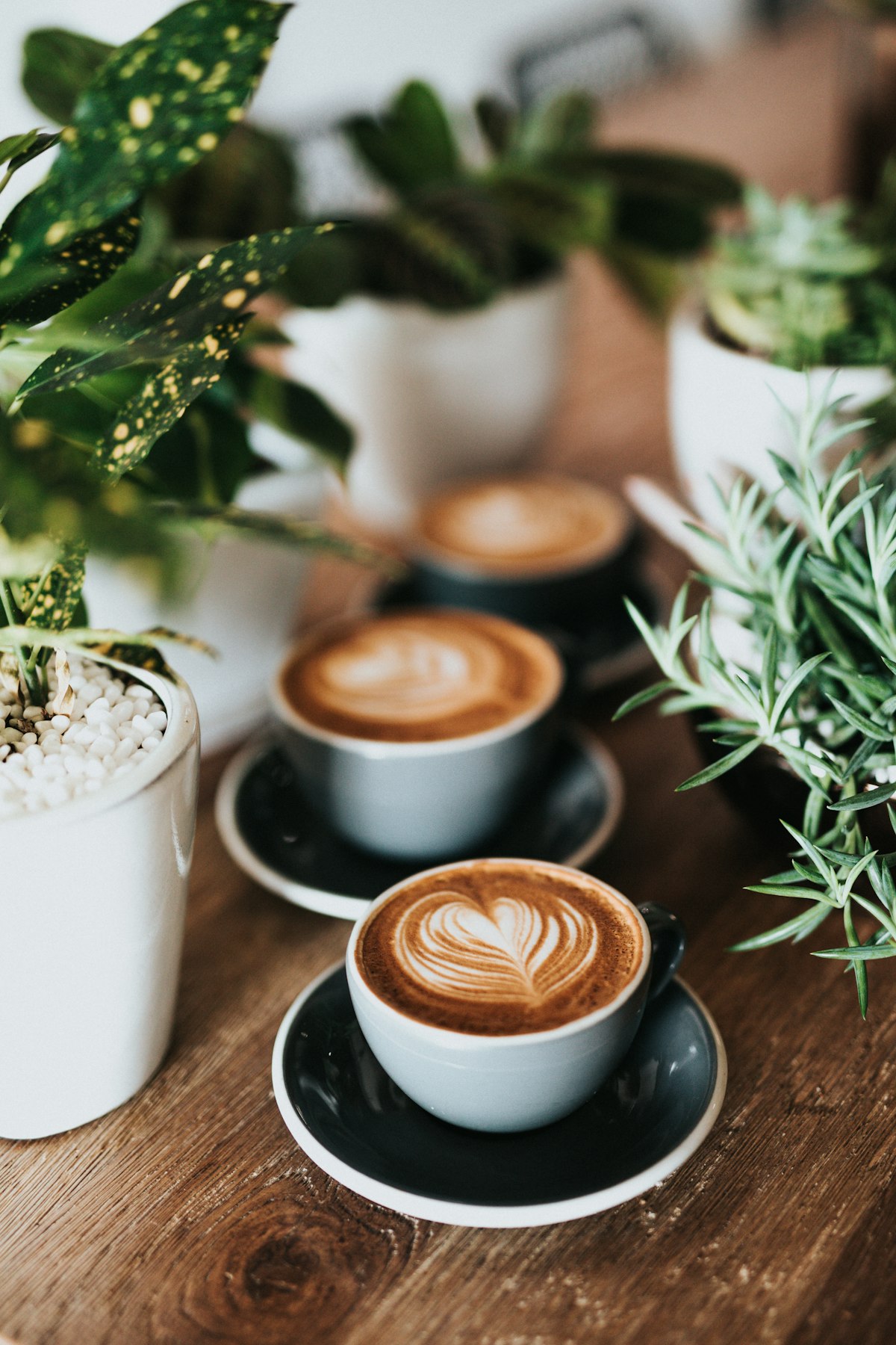 Hai ly cà phê latte trên bàn gỗ